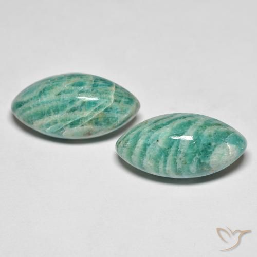Matching Pair of 19.3 x 9.8mm Marquise Cabochon Green Amazonite, Weight of 15.86ct total / avg. 7.93ct each, Matching Amazonite Pair in Opaque Clarity in Medium Green Color, Natural untreated gemstone, Mohs Hardness 6 - 6.5, Photo A