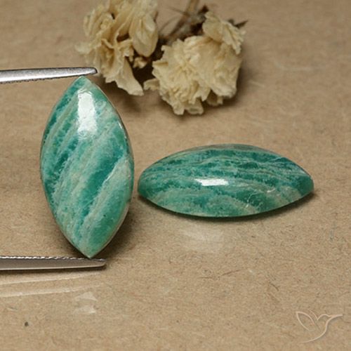 2pc Matching Marquise Amazonites in Size 19.9 x 10.2mm, Weight 14.68ct total / avg. 7.34ct each, Pine Green in Opaque Clarity, Natural untreated gemstone, Mohs Hardness 6 - 6.5, Photo A