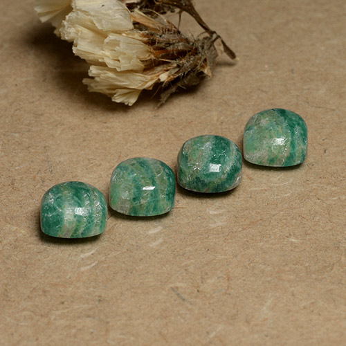 4pc 7.3 x 7.3mm Cushion Amazonite Lot - 7.61ct total Weight / avg. 1.9ct each, Color: Cool Green, Mohs Hardness 6 - 6.5, Photo A