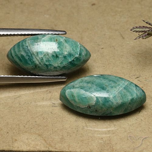 Matching Pair of 20.1 x 10.2mm Marquise Cabochon Green Amazonite, Weight of 19.22ct total / avg. 9.61ct each, Matching Amazonite Pair in Opaque Clarity in Pine Green Color, Natural untreated gemstone, Mohs Hardness 6 - 6.5, Photo A