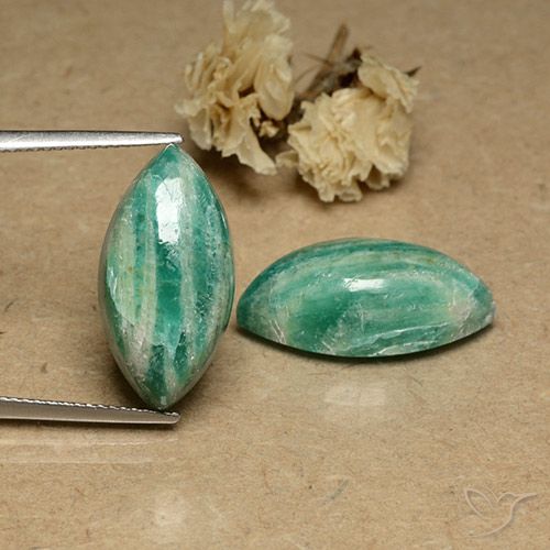 20 x 10.3mm Matching Marquise Amazonite Pair - Weight 19.1ct total / avg. 9.55ct each, Cool Green Color in Opaque Clarity, Natural untreated Gemstone, Mohs Hardness 6 - 6.5, Photo A