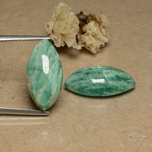 2 Stück marquise schliff grüner Amazonit in der Größe 19,9 x 10,2mm, Gewicht 17,51 ct gesamt / durchschn. Je 8,76 ct, Kieferngrün in Opaque Reinheit, Natürlicher Edelstein, Mohs-Härte 6 - 6,5 , Photo A