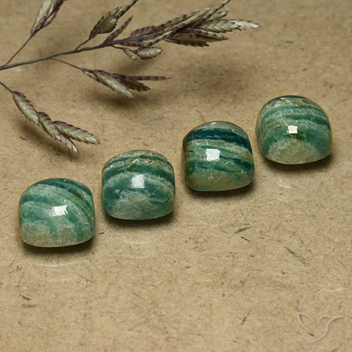 4 Stück/Set kissenschliff grüner Amazonit aus Madagaskar - Größe 7,3 x 7,2mm, Gewicht 7,99 ct gesamt / Durchschn. je 2 ct, Mohs-Härte 6 - 6,5, Photo A