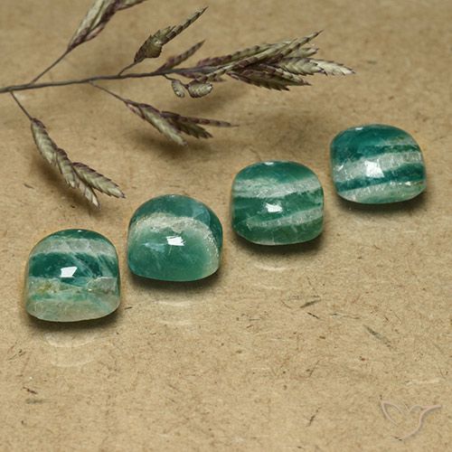 4pc Cushion Green Amazonite Lot from Madagascar - Weight 7.03ct total / avg. 1.76ct each, Size 7.3 x 7.3mm, Color: Pine Green, Mohs Hardness 6 - 6.5, Photo A
