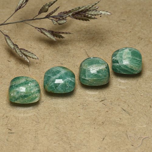 Lot of 4pc Cushion Cool Pine Green Amazonite from Madagascar - Size 7.2 x 7.2mm, Weight 6.36ct total / avg. 1.59ct each, Mohs Hardness 6 - 6.5, Photo A