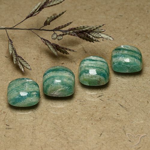 4pc Cushion Green Amazonite Lot from Madagascar - Weight 7.34ct total / avg. 1.84ct each, Size 7.3 x 7.2mm, Color: Cool Green, Mohs Hardness 6 - 6.5, Photo A