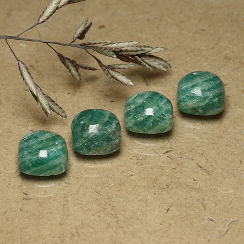 4pc Cushion Cabochon Green Amazonite Lot from Madagascar - Weight 7.37ct total / avg. 1.84ct each, Size 7.2 x 7.2mm, Color: Pine Green, Mohs Hardness 6 - 6.5, Photo A