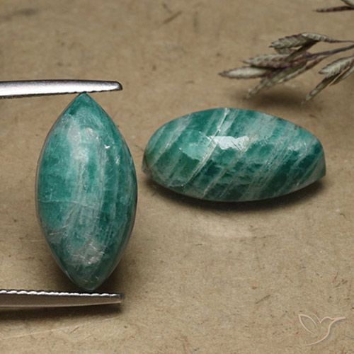 17.6 x 9.3mm Matching Marquise Amazonite Pair - Weight 14.58ct total / avg. 7.29ct each, Natural untreated Gemstone, Deep Green Color in Opaque Clarity, Mohs Hardness 6 - 6.5, Photo A