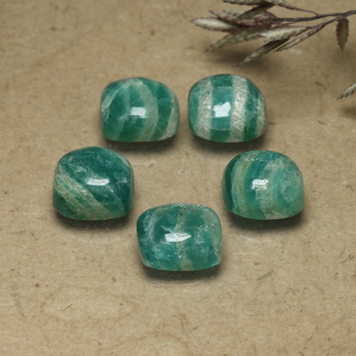 Lot of 6pc Cushion Cool Green Amazonite from Madagascar - Size 7.2 x 7.2mm, Weight 9.95ct total / avg. 1.66ct each, Mohs Hardness 6 - 6.5, Photo A
