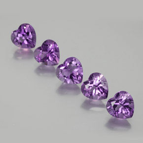 Lot of 5pc Heart Violet Amethyst from Brazil - Size 6.1 x 6mm, Weight 3.63ct total / avg. 0.73ct each, Color: Deep Purplish Violet, Mohs Hardness 7 suitable for daily wear jewelry, Symbolizes Calming and Soothing, Photo A