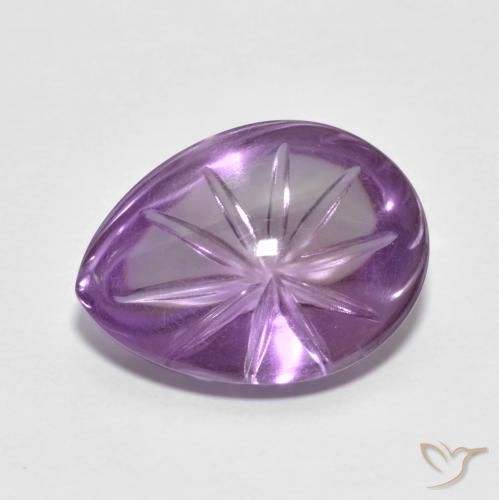 15.3 x 11.5mm Carved Pear Violet Amethyst from Brazil, Weight of 7.08ct, Natural untreated gemstone in Transparent Clarity, 1pc Amethyst - the Color is Light-medium Violet, Mohs Hardness of 7 suitable for daily wear jewelry, Stone of the Mind, Photo A