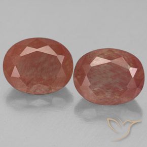 2pc Matching Oval Red Andesine Labradorites in Size 10.3 x 8.3mm, Weight 5.64ct total / avg. 2.82ct each, Blood Red in Translucent Clarity, Natural Gemstone, Mohs Hardness 6 - 6.5, Photo A