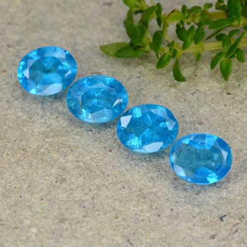 Lot of 4pc Oval Medium Blue Apatite from Madagascar - Size 5.1 x 4.1mm, Weight 1.38ct total / avg. 0.35ct each, Mohs Hardness 5 - 5, Photo A