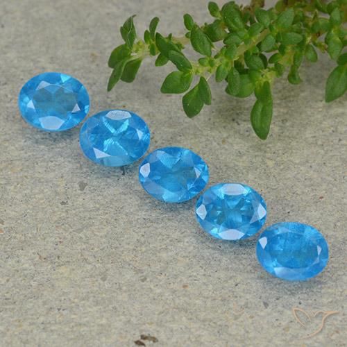 Lot de 5pc Apatites Bleu oval facet de Madagascar - Poids total 2,02 ct / moyenne 0,4 ct chaque, taille 5 x 4mm, couleur : Bleu moyen, dureté de Mohs 5 à 5, Photo A