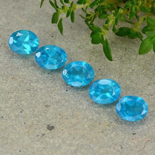 5-teiliges Set ovaler blauer Apatit aus Madagaskar - Gewicht 1,81 ct gesamt / Durchschn. je 0,36ct, Größe 5 x 3,9mm, Farbe: Tiefes Aqua, Mohs-Härte 5 - 5, Photo A