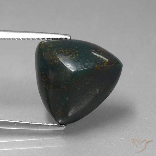 14.8 x 14.6mm Trillion Cabochon Green Bloodstone from Madagascar, Weight of 10.08ct, Natural untreated gemstone in Opaque Clarity, 1pc Bloodstone - the Color is Multicolor Green, Mohs Hardness of 6.5 - 7 suitable for daily wear jewelry, Photo A