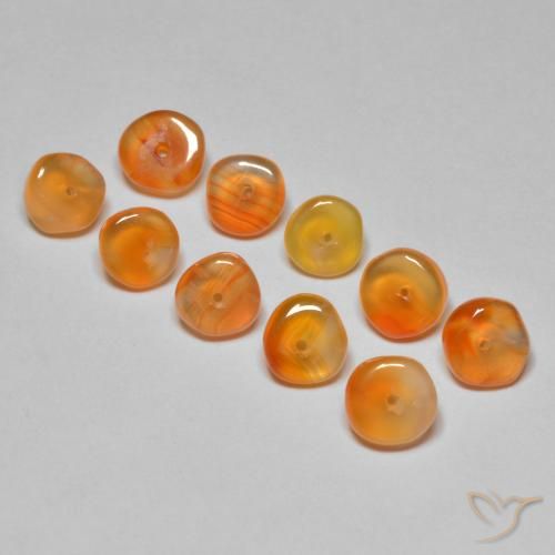 Lot de 10pc Cornalines Orange Fantaisie de l'Inde - Taille 5,3x5,3 mm, poids total 5,07 ct / moyenne 0,51 ct chaque, couleur : Abricot orange, dureté de Mohs 6.5 à 7 convient aux bijoux de tous les jours, pierre de sagesse, Photo A