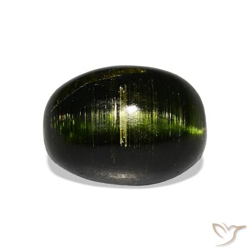 5.24 ct Green Cat's Eye Tourmaline Gemstone, Cat's Eye Tourmaline Gem in Oval Cabochon Shape for Sale.