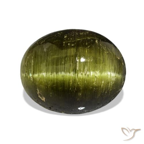 13.44 ct Green Cat's Eye Tourmaline Gemstone, Cat's Eye Tourmaline Gem in Oval Cabochon Shape for Sale.