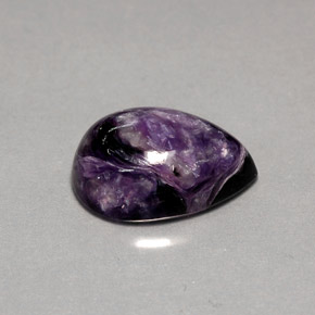 5.63 ct Violet Charoite Gemstone, Charoite Gem in Pear Cabochon Shape for Sale.