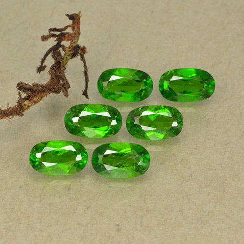 Set aus 6 Stück ovaler Chromdiopsid in grüner Farbe aus Russland - Größe 5 x 5mm, Gewicht 1,55 ct gesamt / Durchschn. je 0,26 ct, Farbe: Grün, Mohs-Härte 5 - 6, Photo A