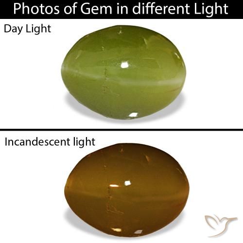 5.24 ct Green Chrysoberyl Cat's Eye Gemstone, Chrysoberyl Cat's Eye Gem in Oval Cabochon Shape for Sale.