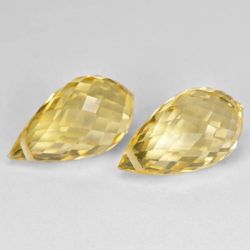 Matching Pair of 13.3mm Briolette With Hole Golden Citrine, Weight of 8.56ct total / avg. 4.28ct each, Matching Citrine Pair in VVS Clarity in Golden Color, Natural untreated gemstone, Mohs Hardness 7 suitable for daily wear jewelry, Symbolizes Abundance and Prosperity, Photo A