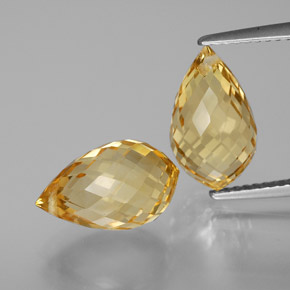 2pc Matching Briolette Citrines in Size 12.7mm, Weight 7.77ct total / avg. 3.89ct each, Gold in VVS-VS Clarity, Natural untreated gemstone, Mohs Hardness 7 suitable for daily wear jewelry, Unblocks Solar Plexus Chakra, Photo A