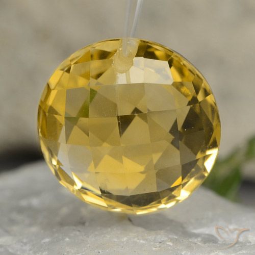 13.2mm Round Drilled Checkerboard (double Sided) Yellow Citrine from Brazil, Weight of 8.06ct, Natural untreated Gemstone in VVS Clarity, 1pc Citrine - Color: Deep Yellow, Mohs Hardness of 7 suitable for daily wear jewelry, Leo Zodiac Stone, Photo A