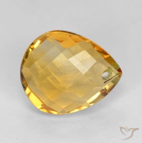 3.85 ct Golden Citrine Stone, Natural Citrine in Pear Checkerboard with Hole Shape for Sale