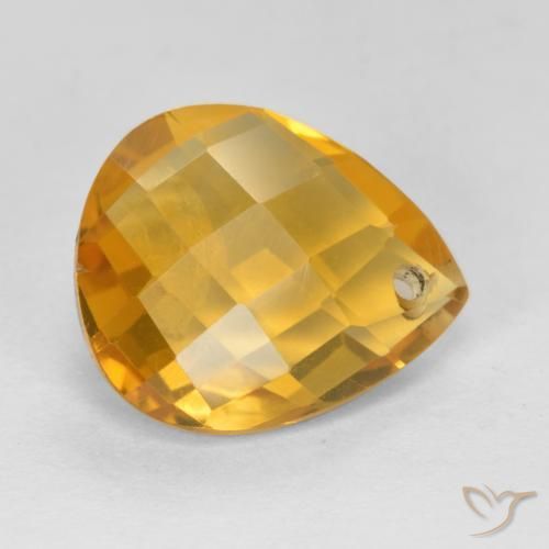3.74 ct Golden Citrine Stone, Natural Citrine in Pear Checkerboard with Hole Shape for Sale