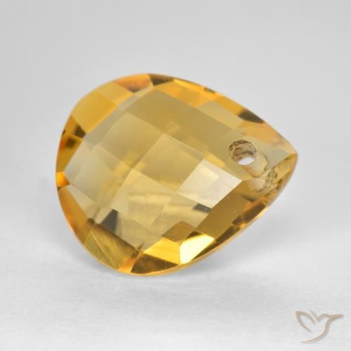3.82 ct Golden Citrine Stone, Natural Citrine in Pear Checkerboard with Hole Shape for Sale
