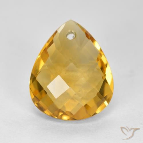 Citrine Doré Poire 12,1 x 10mm du Brésil, poids de 3,38 ct, pierre gemme naturelle Non traité de pureté vvs-vs, 1 pièce de citrine pear checkerboard with hole, couleur : Doré moyen-foncé, dureté de Mohs de 7 convient aux bijoux de tous les jours, pierre de sagesse, Pierre précieuse de l'année du coq, Photo A