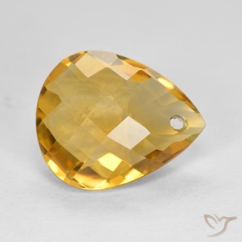 3.38 ct Golden Citrine Stone, Natural Citrine in Pear Checkerboard with Hole Shape for Sale