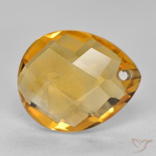 3.75 ct Golden Citrine Stone, Natural Citrine in Pear Checkerboard with Hole Shape for Sale