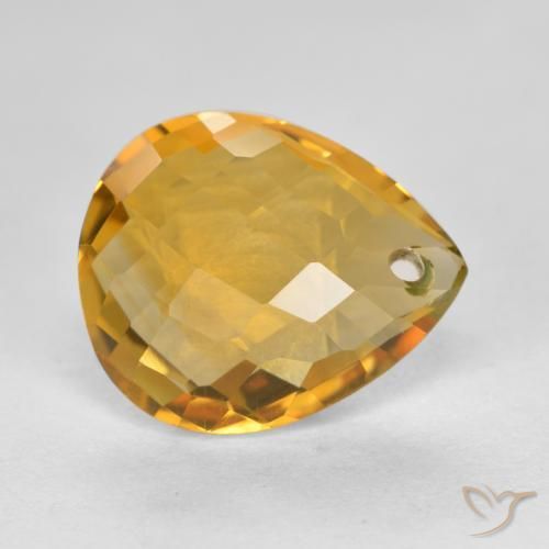 3.83 ct Golden Citrine Stone, Natural Citrine in Pear Checkerboard with Hole Shape for Sale