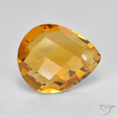 3.81 ct Golden Citrine Stone, Natural Citrine in Pear Checkerboard with Hole Shape for Sale