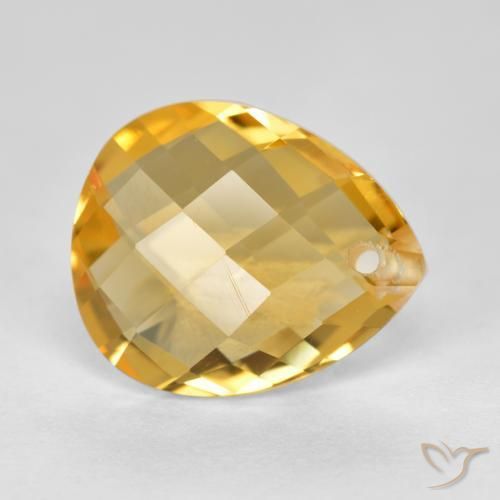 3.47 ct Golden Citrine Stone, Natural Citrine in Pear Checkerboard with Hole Shape for Sale