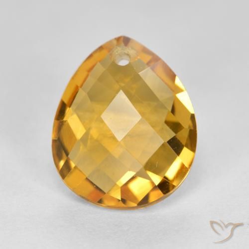 3.82 ct Golden Citrine Gemstone, Citrine Gem in Pear Checkerboard with Hole Shape for Sale.