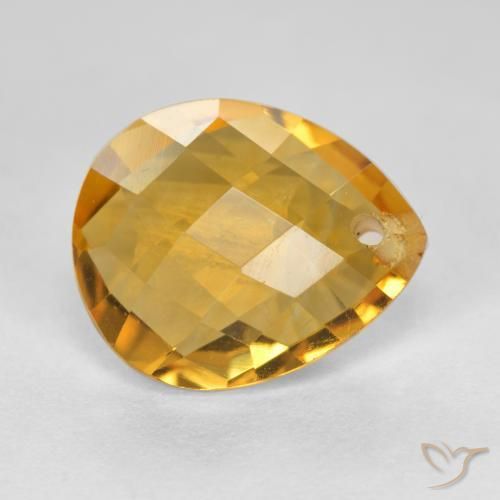 3.82 ct Golden Citrine Stone, Natural Citrine in Pear Checkerboard with Hole Shape for Sale