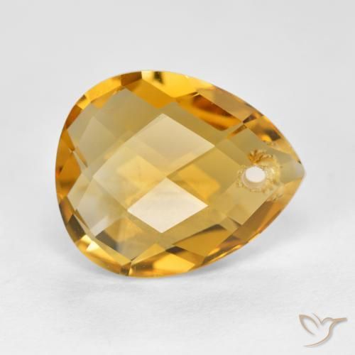 3.73 ct Golden Citrine Stone, Natural Citrine in Pear Checkerboard with Hole Shape for Sale