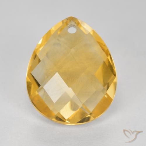 3.80 ct Golden Citrine Gemstone, Citrine Gem in Pear Checkerboard with Hole Shape for Sale.