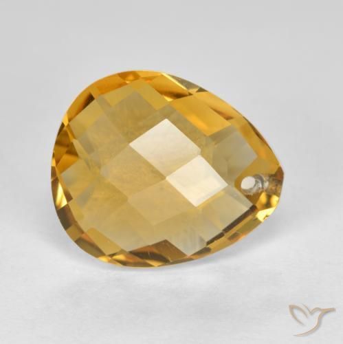 3.68 ct Golden Citrine Stone, Natural Citrine in Pear Checkerboard with Hole Shape for Sale