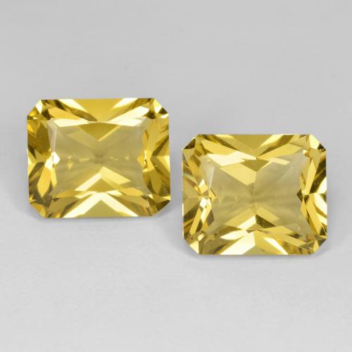 2pc Matching Octagon / Emerald Cut Citrines in Size 12 x 10mm, Weight 11.33ct total / avg. 5.67ct each, Medium Yellow in VVS Clarity, Natural untreated gemstone, Mohs Hardness 7 suitable for daily wear jewelry, November Birthstone, Photo A