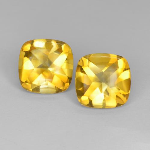 Matching Pair of 10.1 x 10.1mm Cushion Buff-top Golden Citrine, Weight of 8.05ct total / avg. 4.03ct each, Matching Citrine Pair in Transparent Clarity in Golden Color, Natural untreated gemstone, Mohs Hardness 7 suitable for daily wear jewelry, Leo Zodiac Stone, Photo A