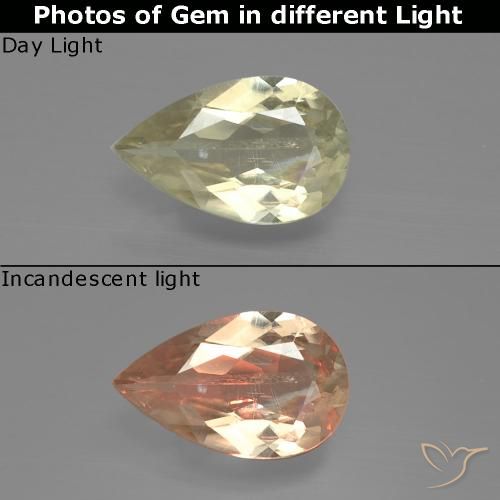 Diaspore Couleur Changeant Jaune Poire 9,6 x 6mm de la Turquie, poids de 1,23 ct, pierre gemme naturelle Non traité de pureté si, 1 pièce Diaspore Couleur Changeant pear facet, couleur : Jaune très clair, dureté de Mohs de 6.5 à 7 convient aux bijoux de tous les jours, pierre de sagesse, Photo A