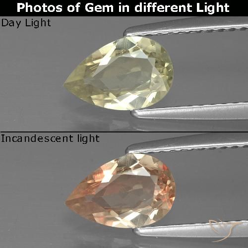 Diaspore Couleur Changeant Jaune pear facet 8,5 x 5,6mm de la Turquie, poids de 0,89 ct, pierre gemme naturelle Non traité de pureté vvs-vs, 1 pièce Diaspore Couleur Changeant, couleur : Jaune clair, dureté de Mohs de 6.5 à 7 convient aux bijoux de tous les jours, pierre de sagesse, Photo A