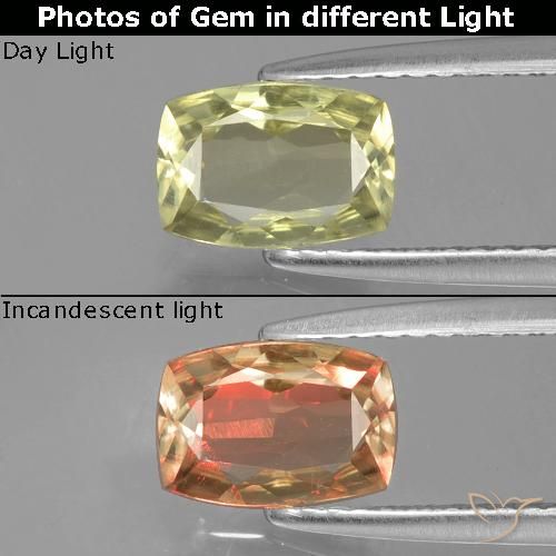 0.93ct Natural Medium Yellow Color-Change Diaspore, Cushion, VVS-VS