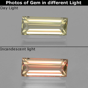 1.78 ct Yellow Color-Change Diaspore Gemstone, Color-Change Diaspore Gem in Baguette Facet Shape for Sale.