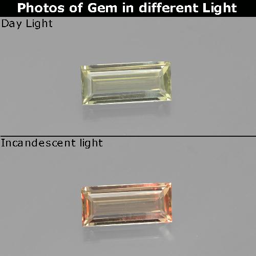 1.32 ct Yellow Color-Change Diaspore Gemstone, Color-Change Diaspore Gem in Baguette Facet Shape for Sale.